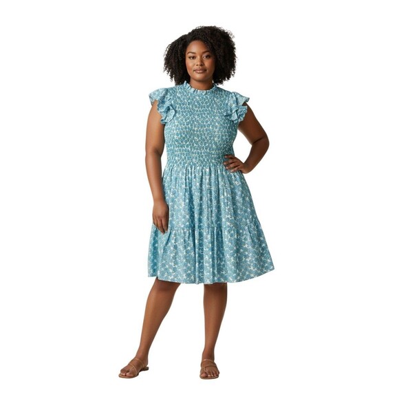 SLV Sur La Vague Dress One Sz Smocked Blue Floral Mini Ruffle Sleeve Cotton NWT - Picture 1 of 10